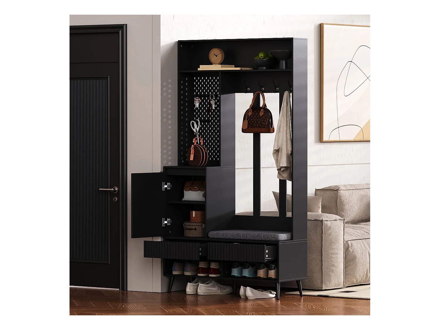 Vestiaire d'entrée avec banc rembourré, 4 patères, 2 tiroirs - noir - 100x35x180 cm