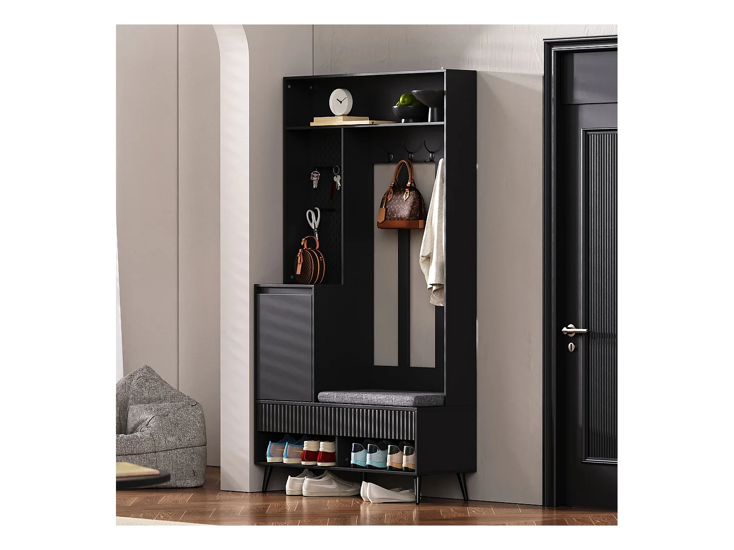 Vestiaire d'entrée avec banc rembourré, 4 patères, 2 tiroirs - noir - 100x35x180 cm