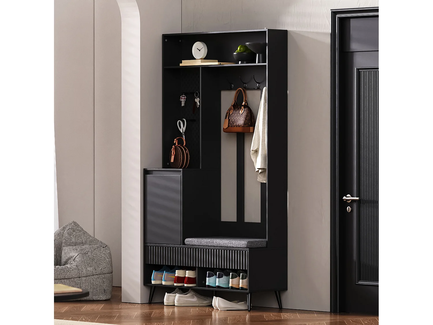 Vestiaire d'entrée avec banc rembourré, 4 patères, 2 tiroirs - noir - 100x35x180 cm