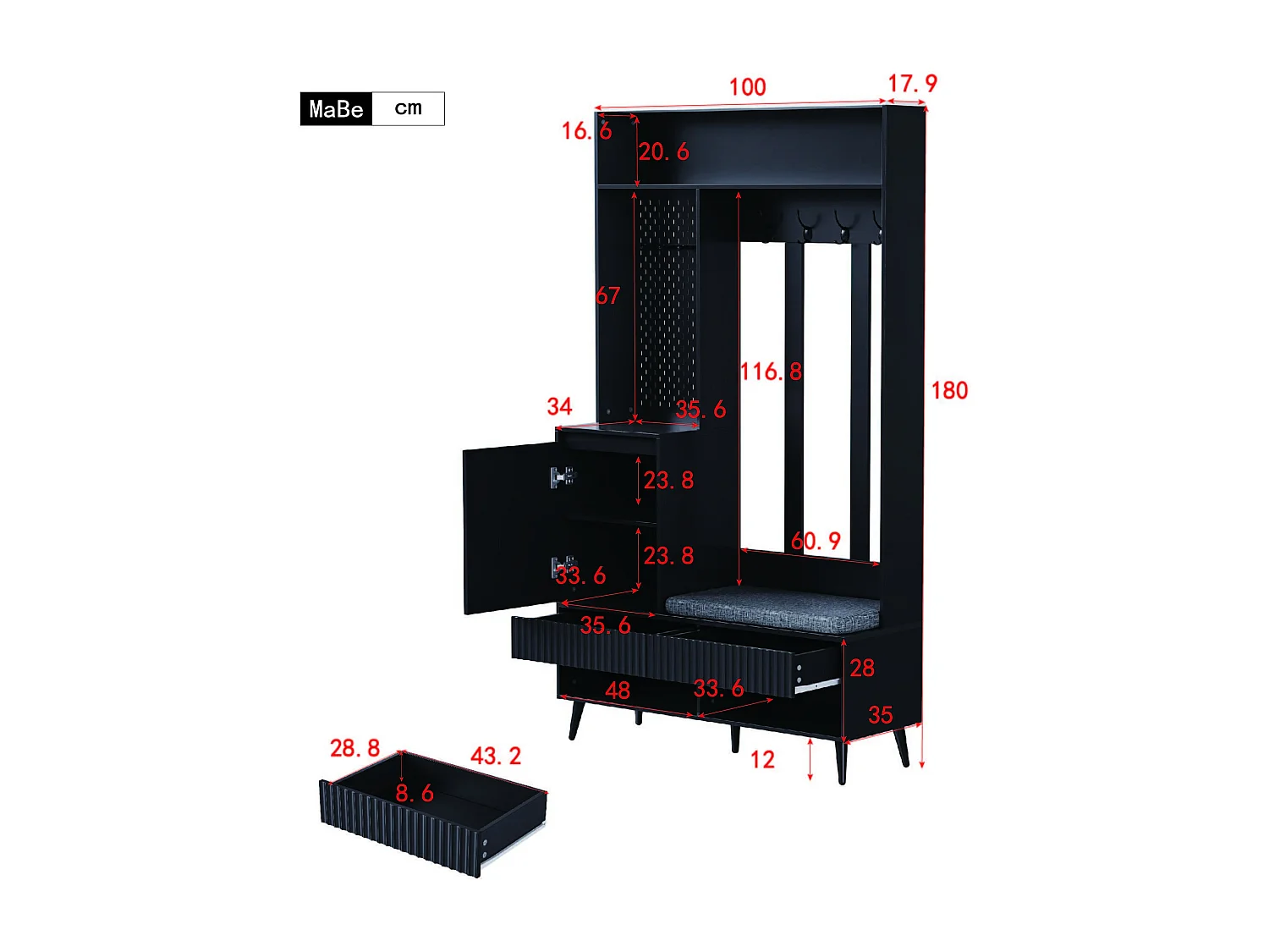 Vestiaire d'entrée avec banc rembourré, 4 patères, 2 tiroirs - noir - 100x35x180 cm