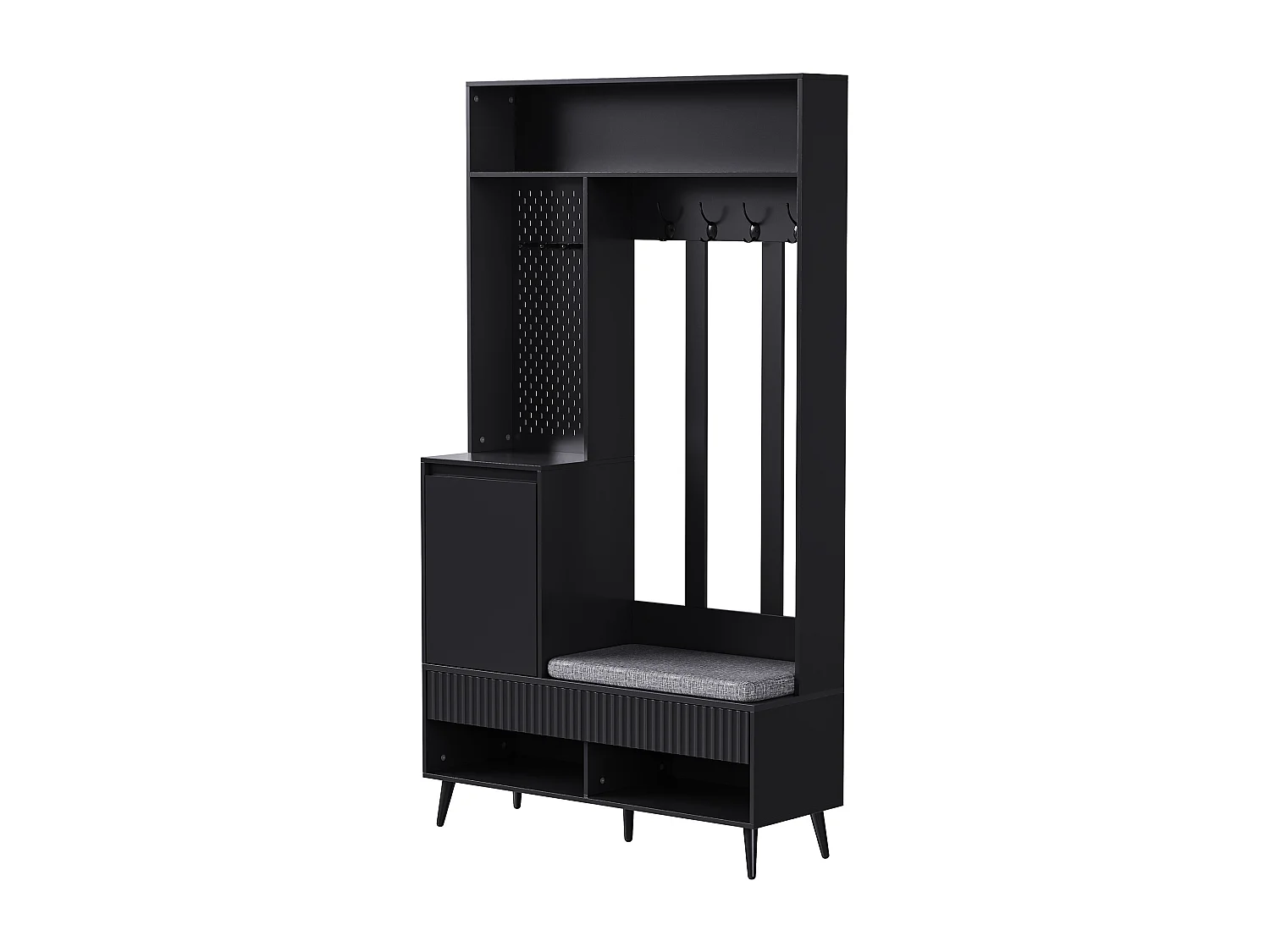 Vestiaire d'entrée avec banc rembourré, 4 patères, 2 tiroirs - noir - 100x35x180 cm
