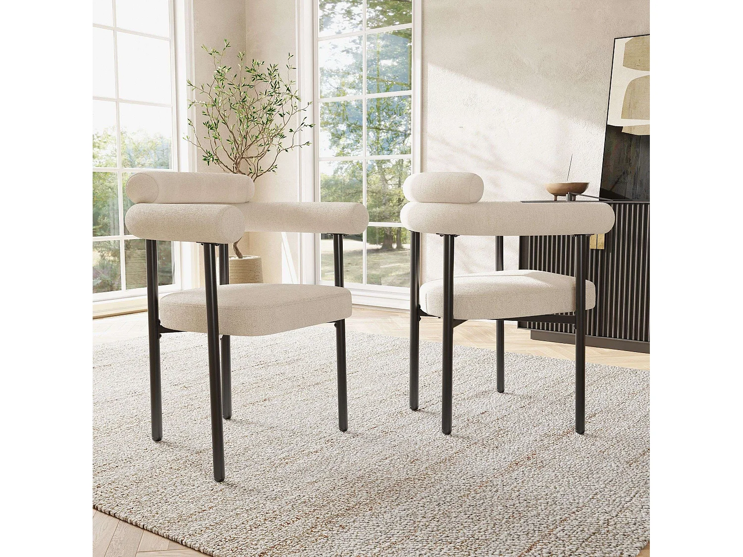 2er-Set Esszimmerstühle, beigefarbener Plüschbezug, ergonomische Rückenlehne, schwarze Metallbeine – für Esszimmer oder Wohnzimmer