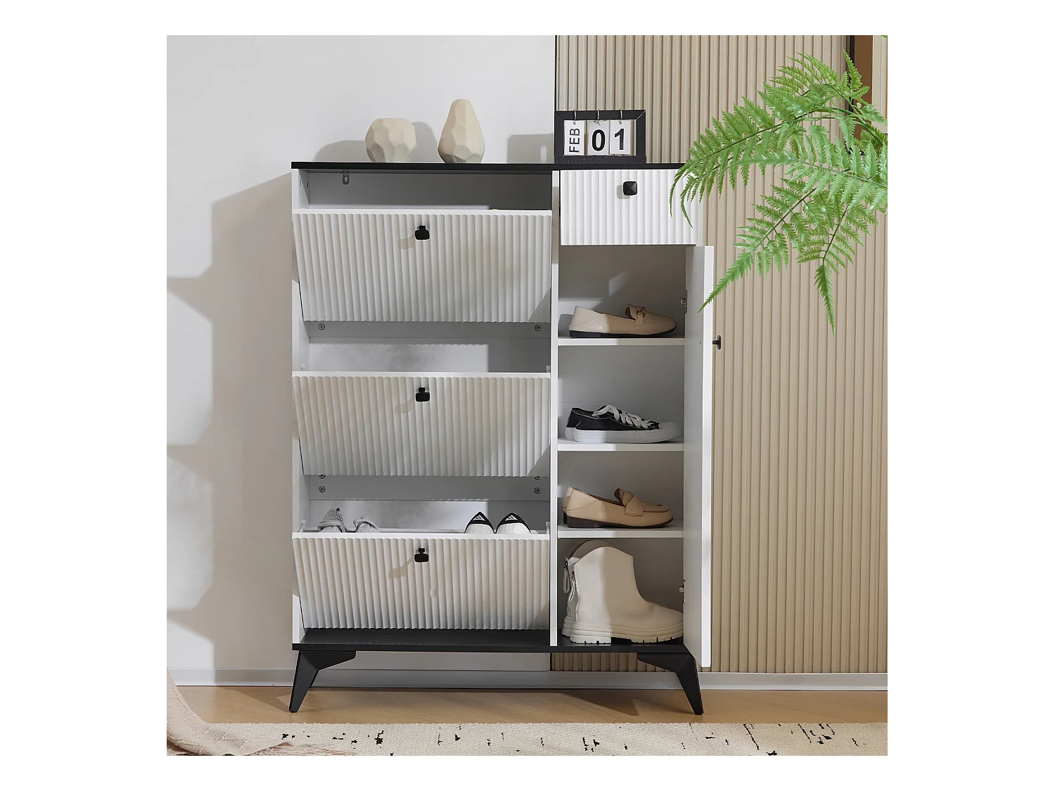 Meuble à chaussures blanc avec 3 abattants, 1 tiroir et 1 porte, style moderne - pour entrée ou salon