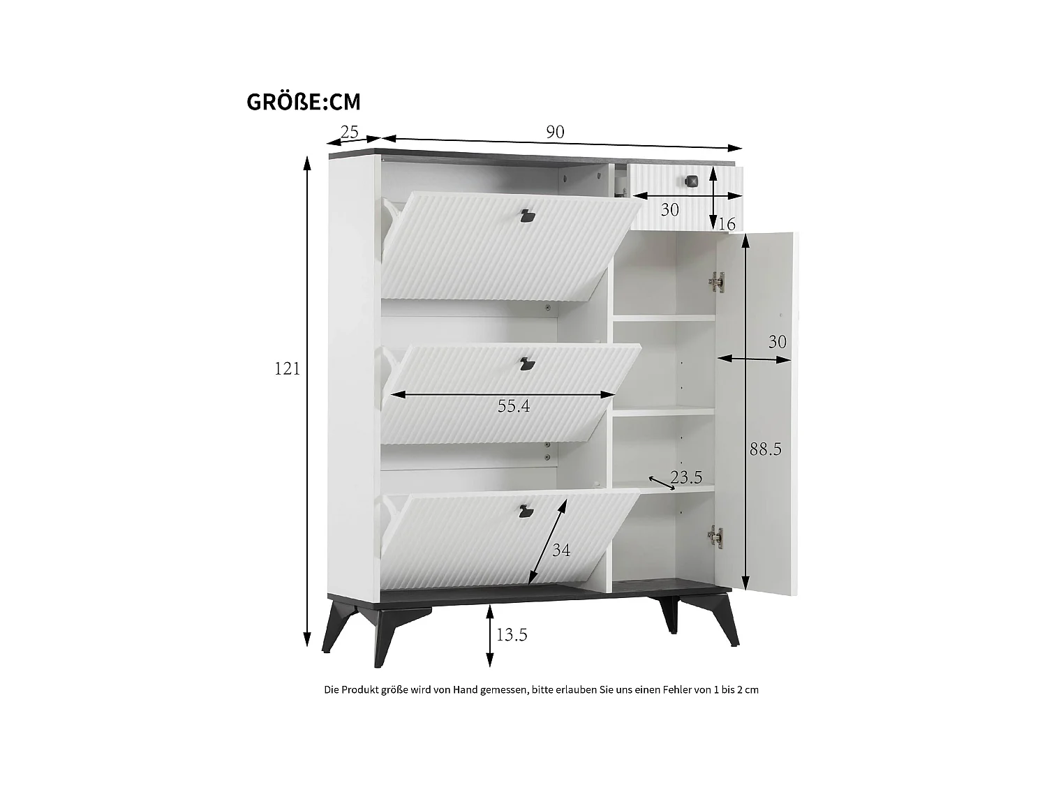 Meuble à chaussures blanc avec 3 abattants, 1 tiroir et 1 porte, style moderne - pour entrée ou salon