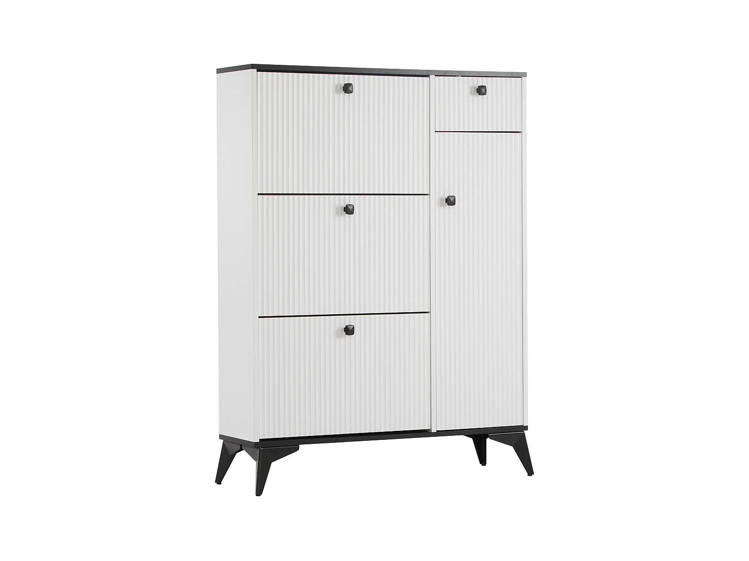 Meuble à chaussures blanc avec 3 abattants, 1 tiroir et 1 porte, style moderne - pour entrée ou salon