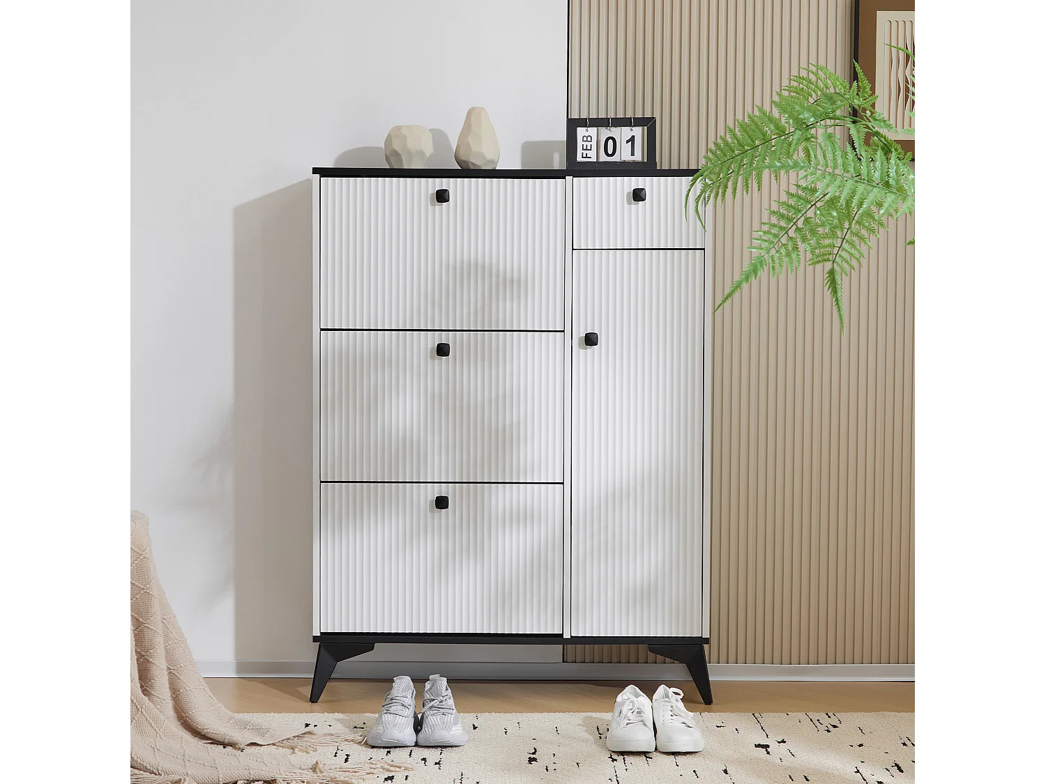 Meuble à chaussures blanc avec 3 abattants, 1 tiroir et 1 porte, style moderne - pour entrée ou salon