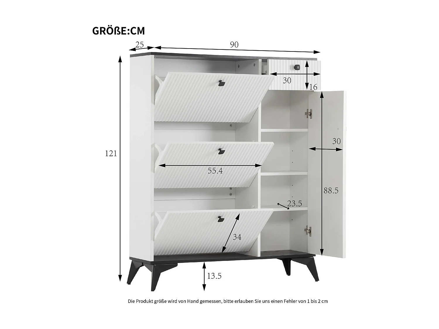 Meuble à chaussures blanc avec 3 abattants, 1 tiroir et 1 porte, style moderne - pour entrée ou salon