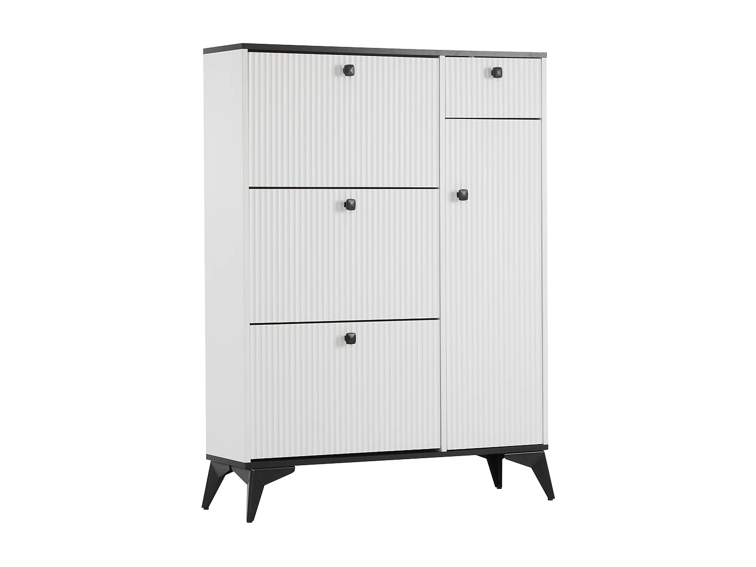 Meuble à chaussures blanc avec 3 abattants, 1 tiroir et 1 porte, style moderne - pour entrée ou salon