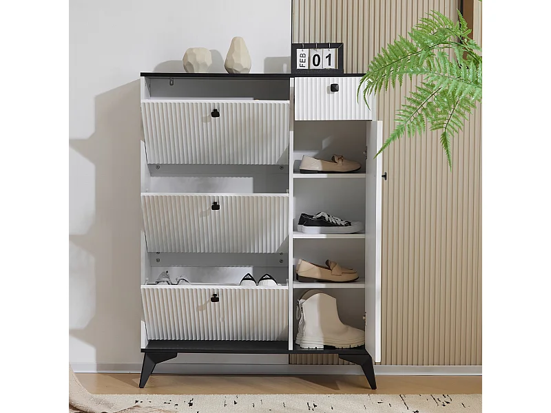 Meuble à chaussures blanc avec 3 abattants, 1 tiroir et 1 porte, style moderne - pour entrée ou salon