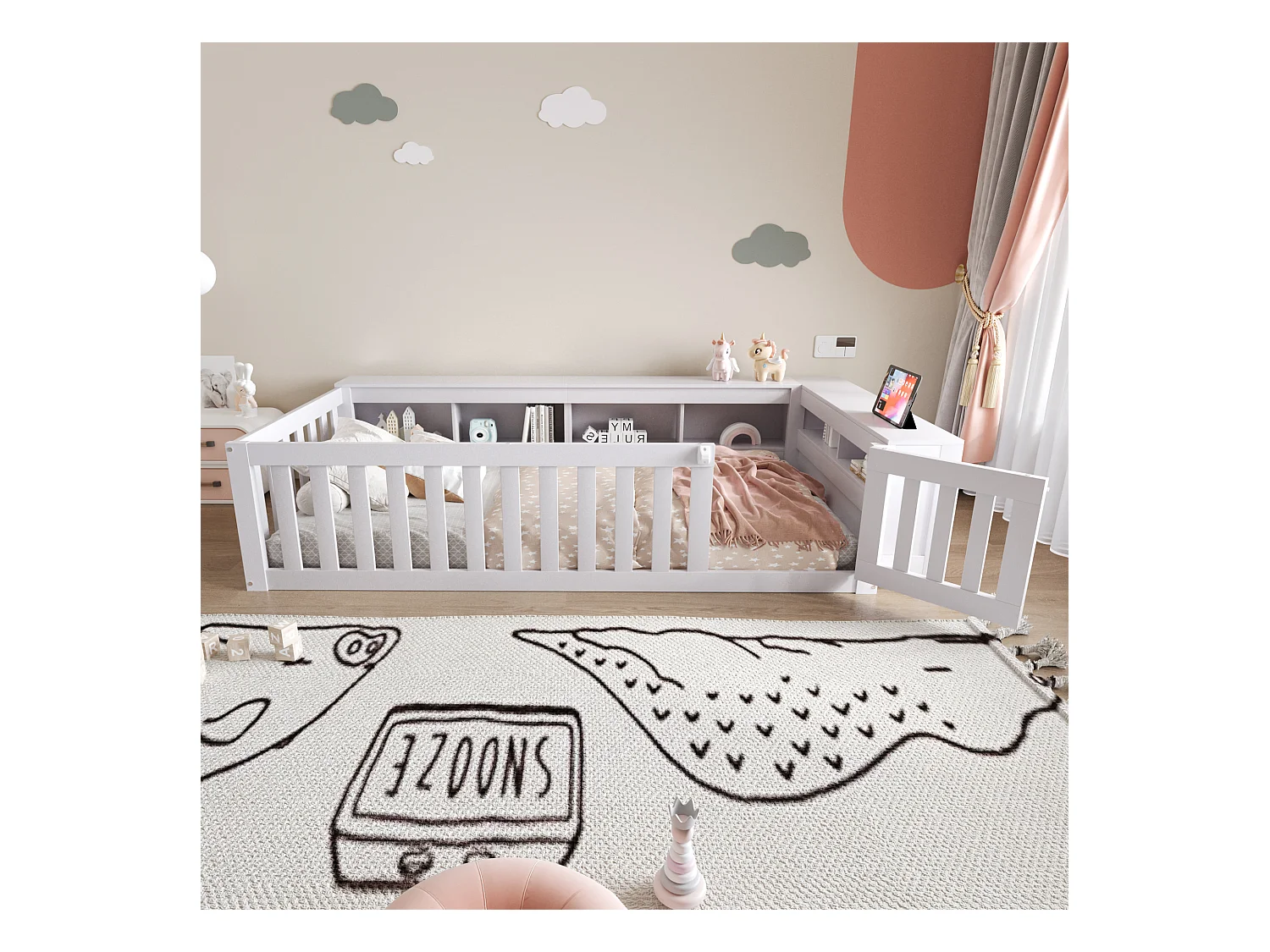 Lit enfant 90x200 cm avec compartiment de rangement, barrières de sécurité et porte, blanc - sans matelas