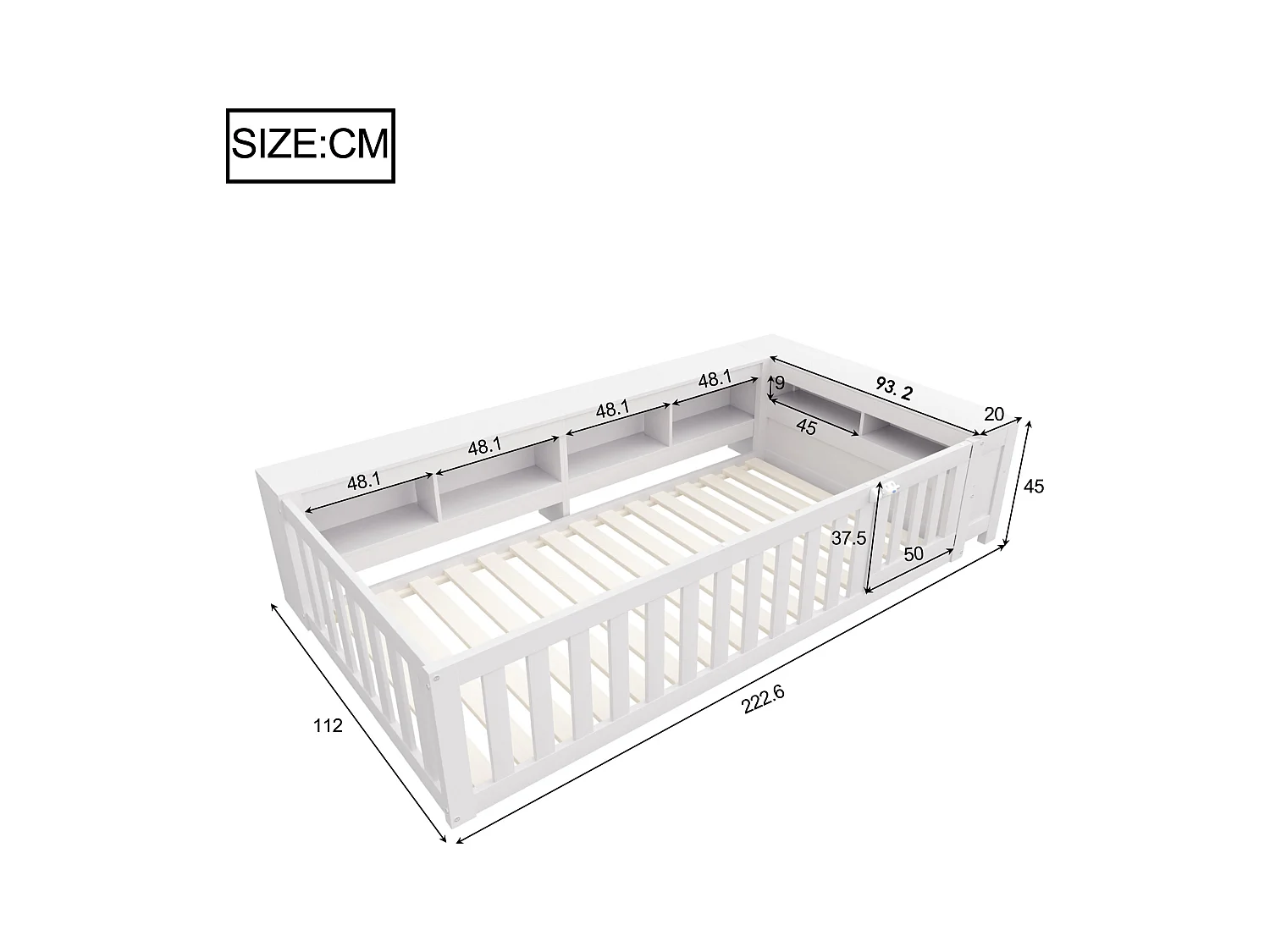 Lit enfant 90x200 cm avec compartiment de rangement, barrières de sécurité et porte, blanc - sans matelas