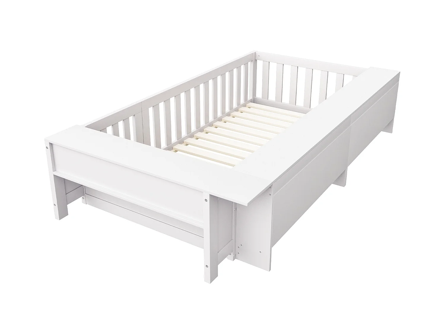 Lit enfant 90x200 cm avec compartiment de rangement, barrières de sécurité et porte, blanc - sans matelas