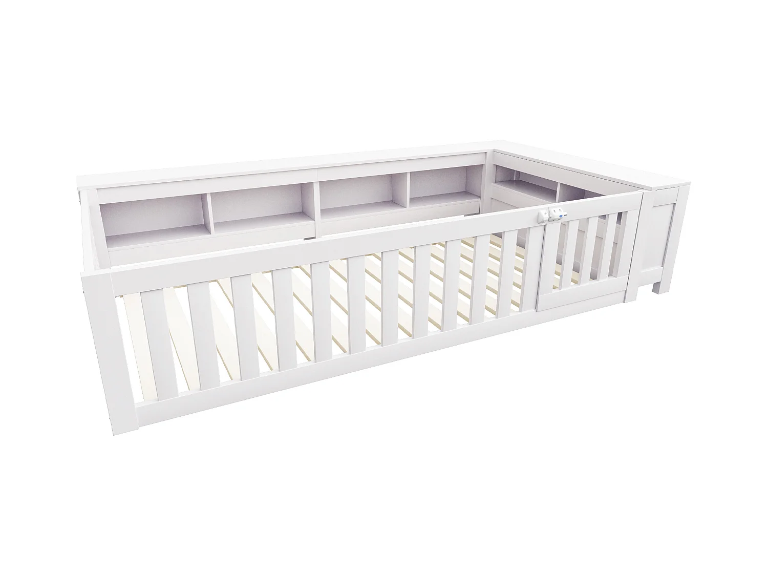 Lit enfant 90x200 cm avec compartiment de rangement, barrières de sécurité et porte, blanc - sans matelas