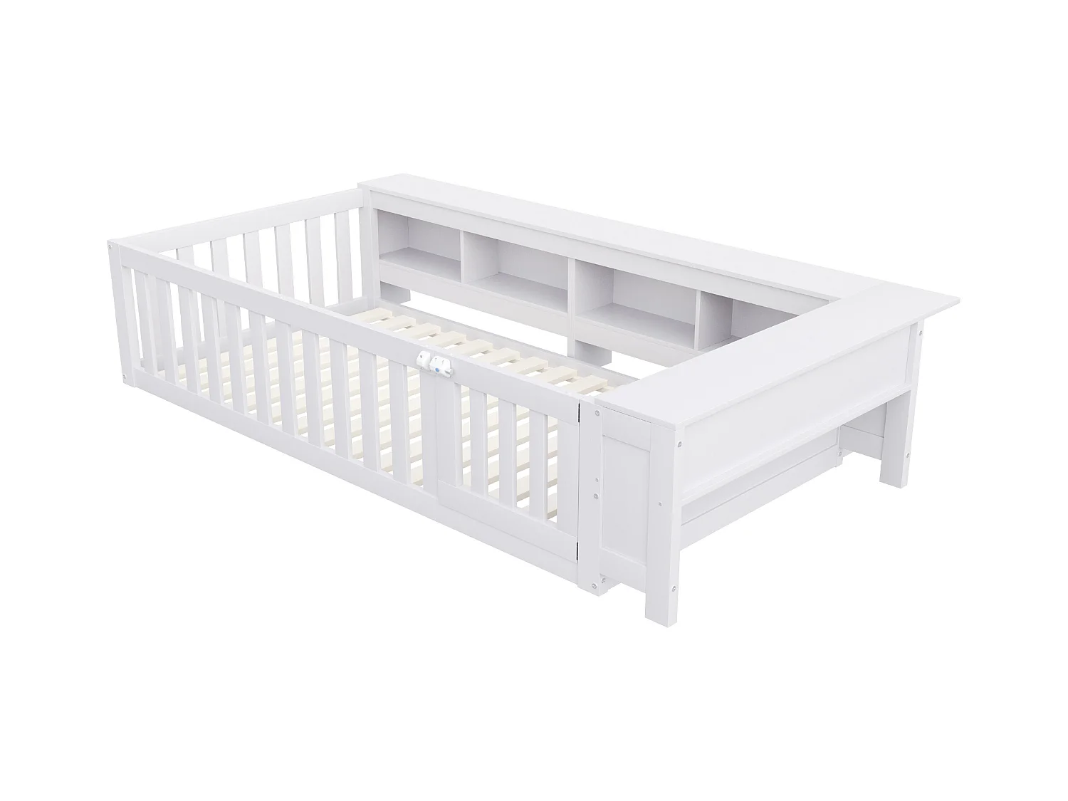 Lit enfant 90x200 cm avec compartiment de rangement, barrières de sécurité et porte, blanc - sans matelas