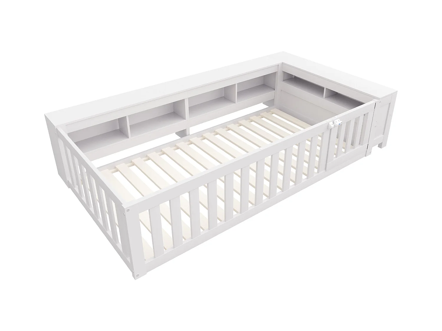 Lit enfant 90x200 cm avec compartiment de rangement, barrières de sécurité et porte, blanc - sans matelas