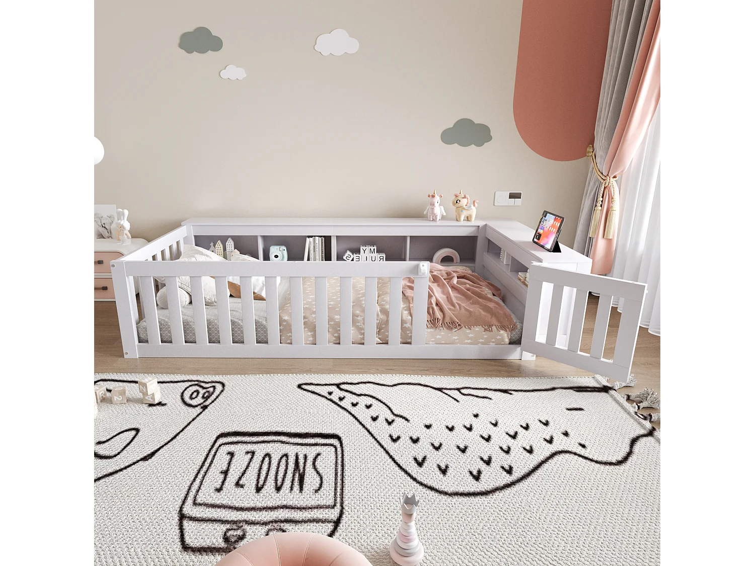 Lit enfant 90x200 cm lit simple avec compartiment de rangement, barrières de sécurité et porte, blanc - sans matelas