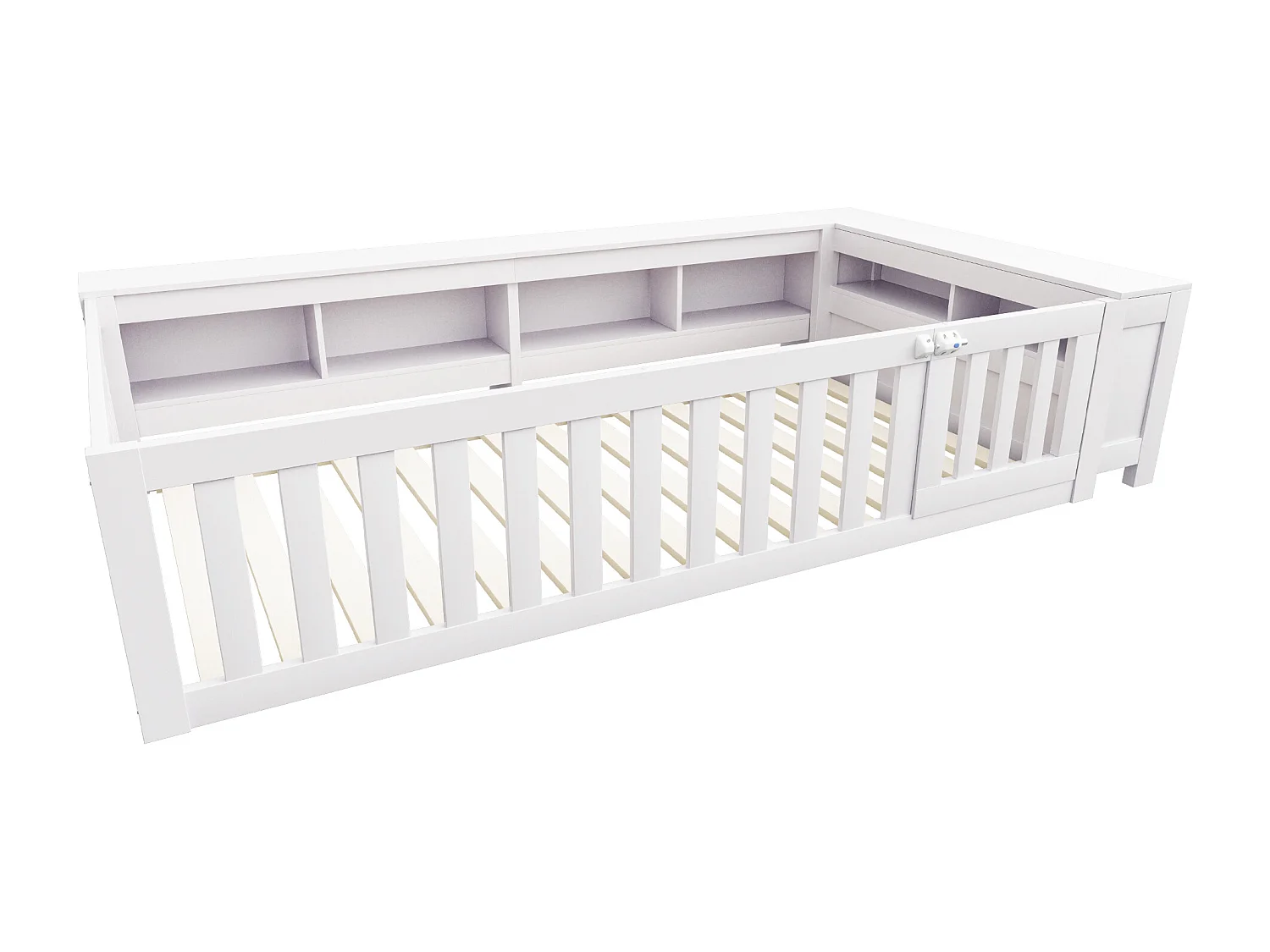 Lit enfant 90x200 cm lit simple avec compartiment de rangement, barrières de sécurité et porte, blanc - sans matelas