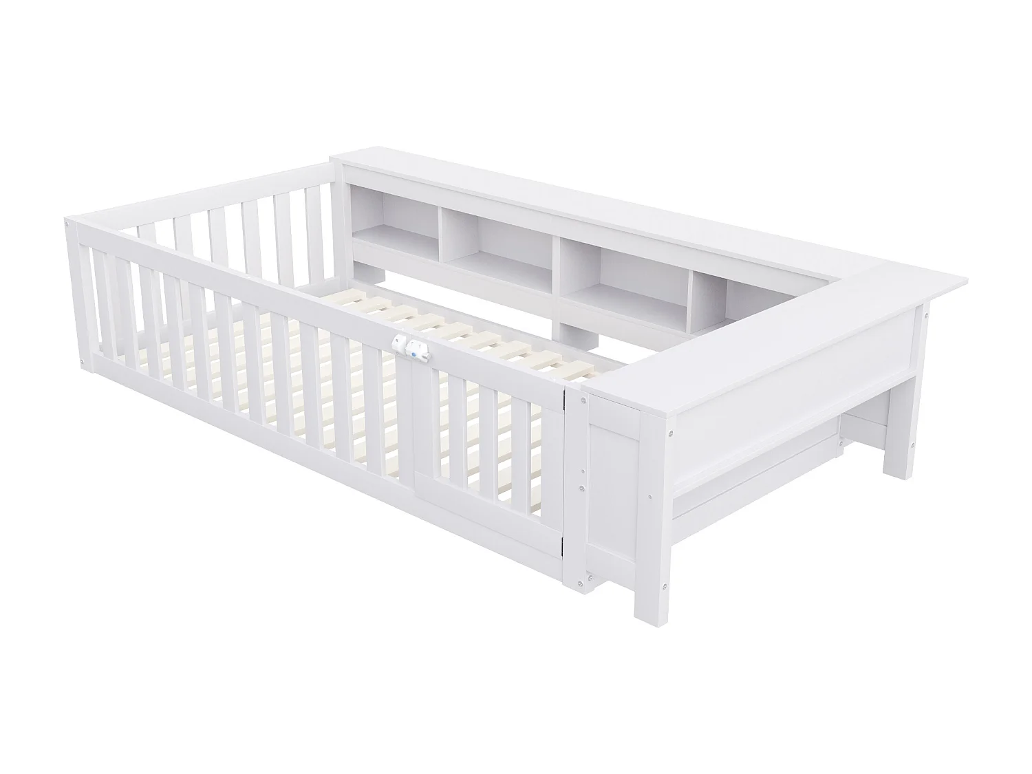 Lit enfant 90x200 cm lit simple avec compartiment de rangement, barrières de sécurité et porte, blanc - sans matelas