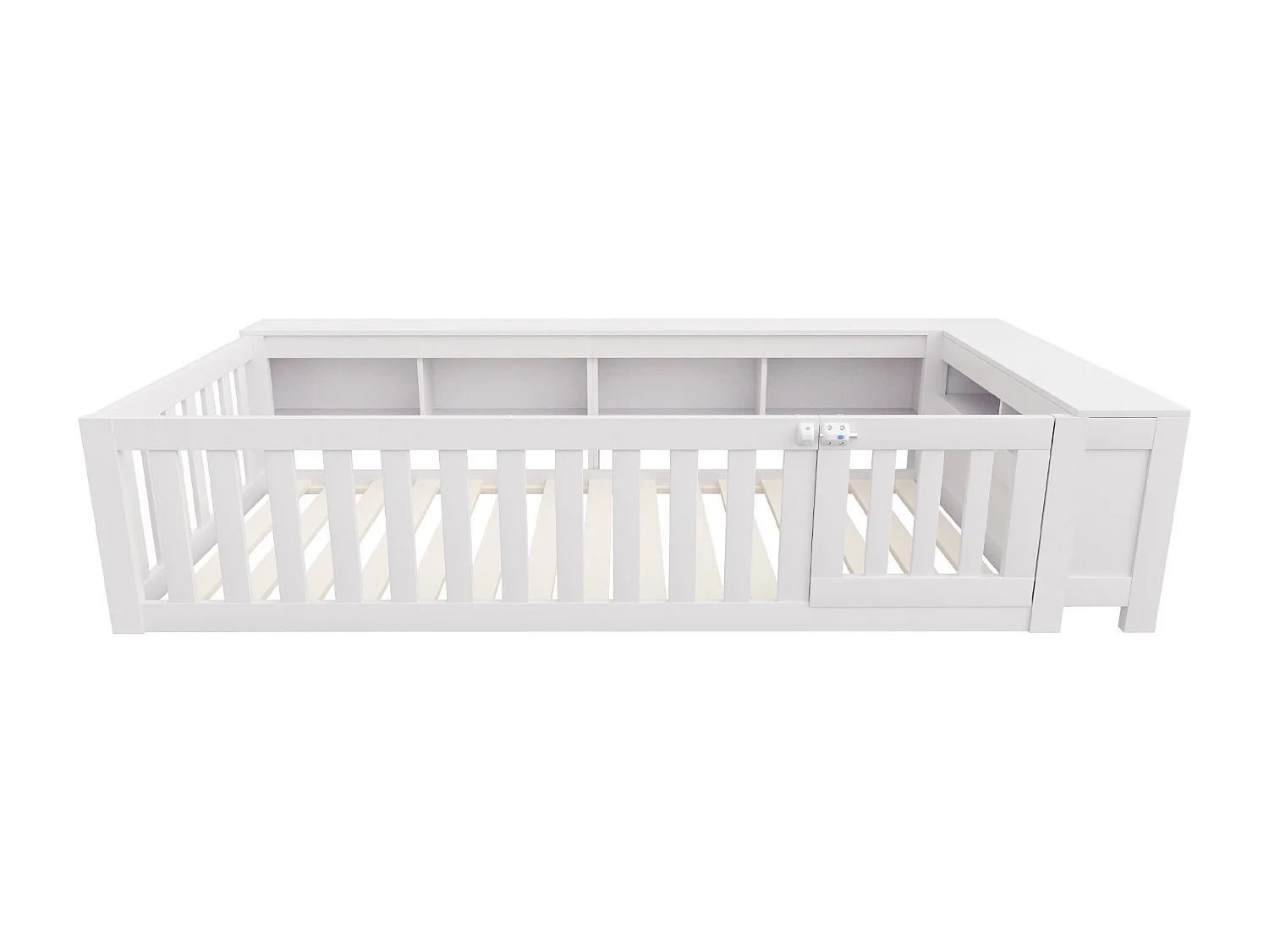 Lit enfant 90x200 cm lit simple avec compartiment de rangement, barrières de sécurité et porte, blanc - sans matelas