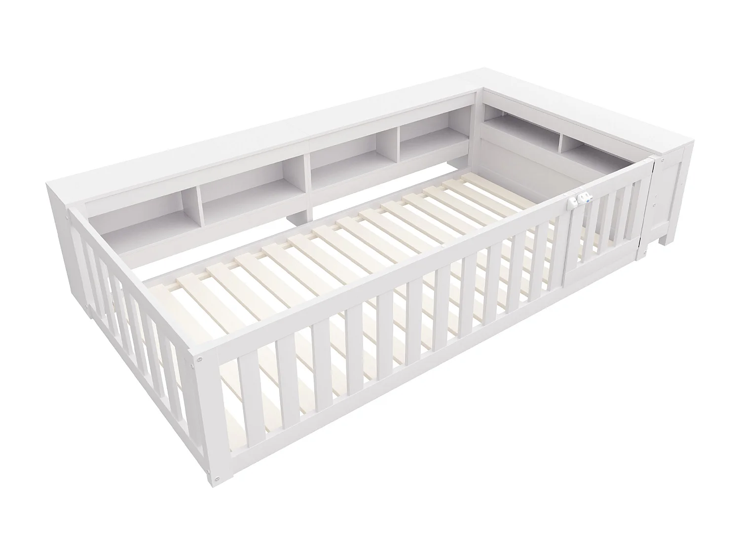Lit enfant 90x200 cm lit simple avec compartiment de rangement, barrières de sécurité et porte, blanc - sans matelas