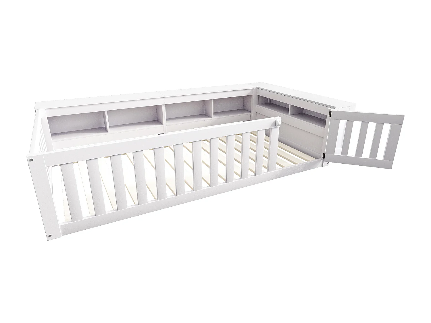 Lit enfant 90x200 cm lit simple avec compartiment de rangement, barrières de sécurité et porte, blanc - sans matelas