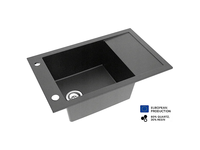 Grand évier ACART NOIR en granit premium - 1 Bac avec égouttoir et vidage inclus