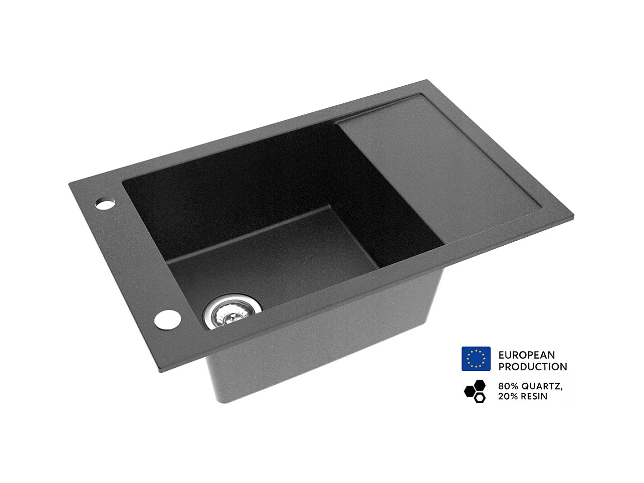Grand évier ACART NOIR en granit premium - 1 Bac avec égouttoir et vidage inclus