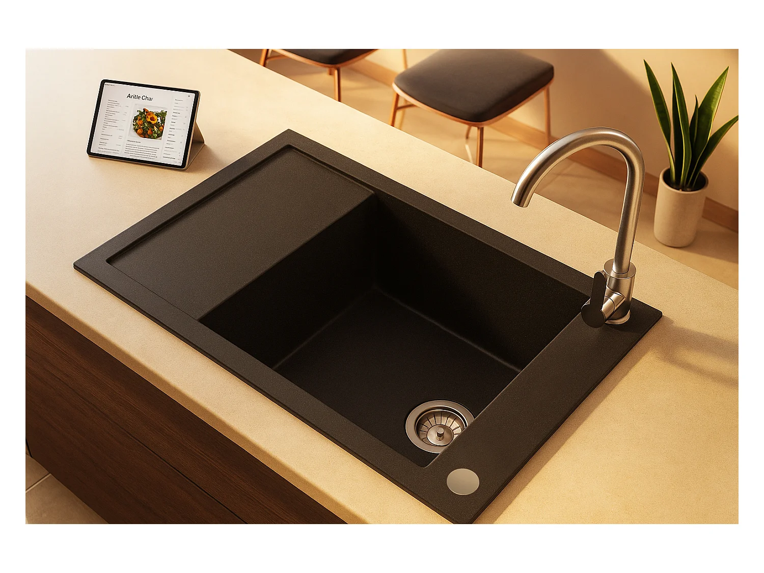 Grand évier ACART NOIR en granit premium - 1 Bac avec égouttoir et vidage inclus