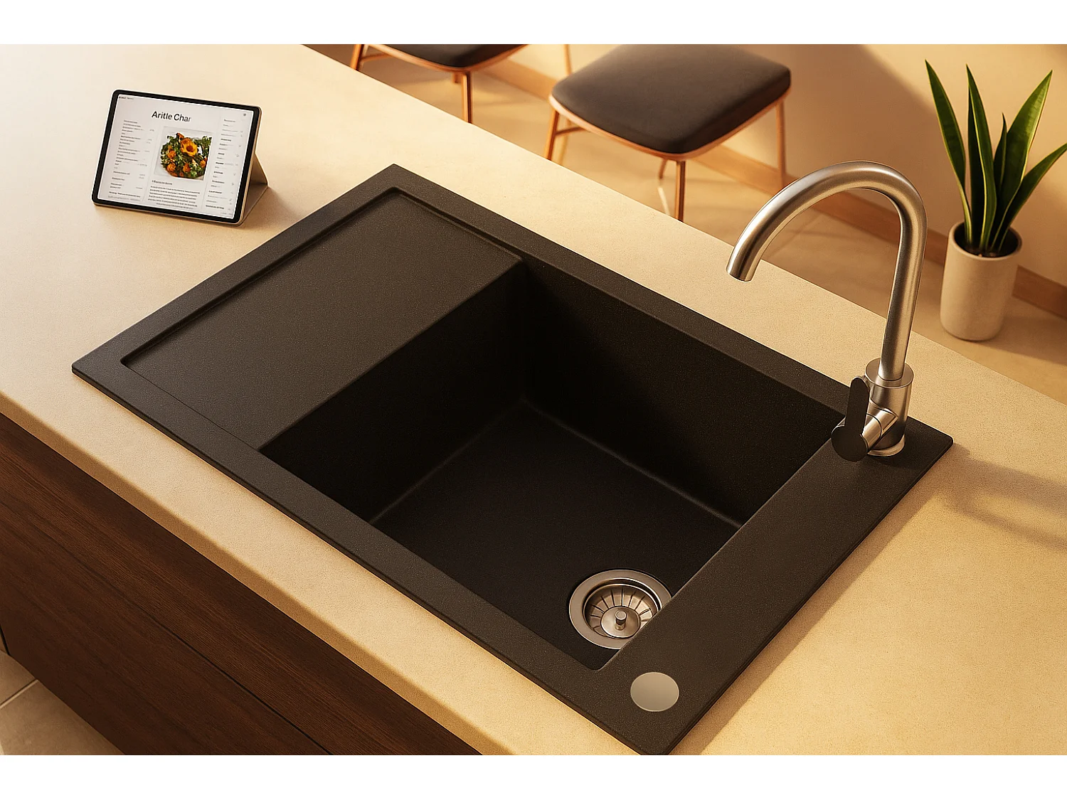 Grand évier ACART NOIR en granit premium - 1 Bac avec égouttoir et vidage inclus