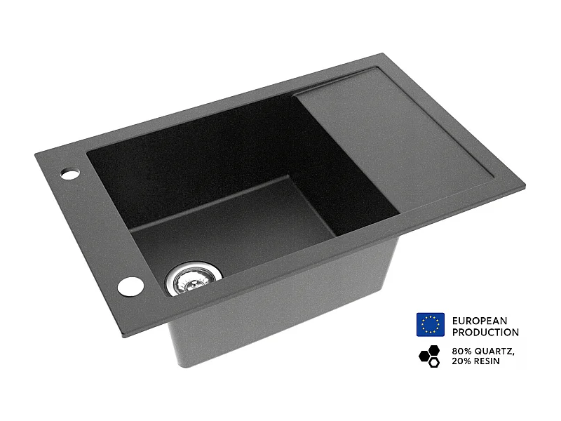 Grand évier ACART NOIR en granit premium - 1 Bac avec égouttoir et vidage inclus