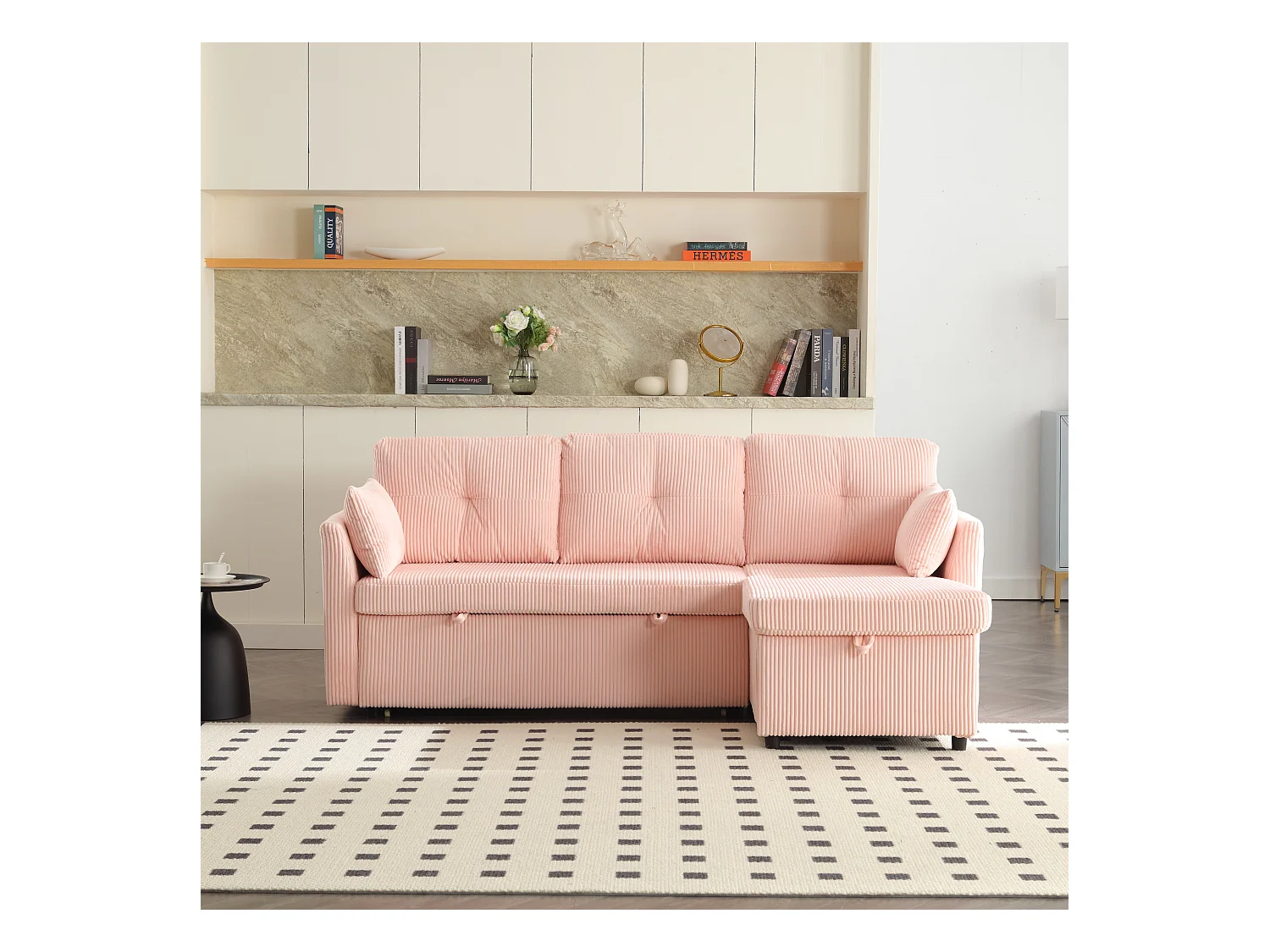 Canapé d'angle convertible, peluche rose, avec rangement et méridienne gigogne - pour salon ou studio