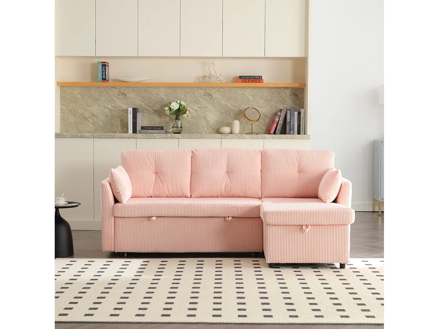 Roze, zachte, omvormbare hoekbank met opbergruimte en uitschuifbare chaise longue - voor woonkamer of studio