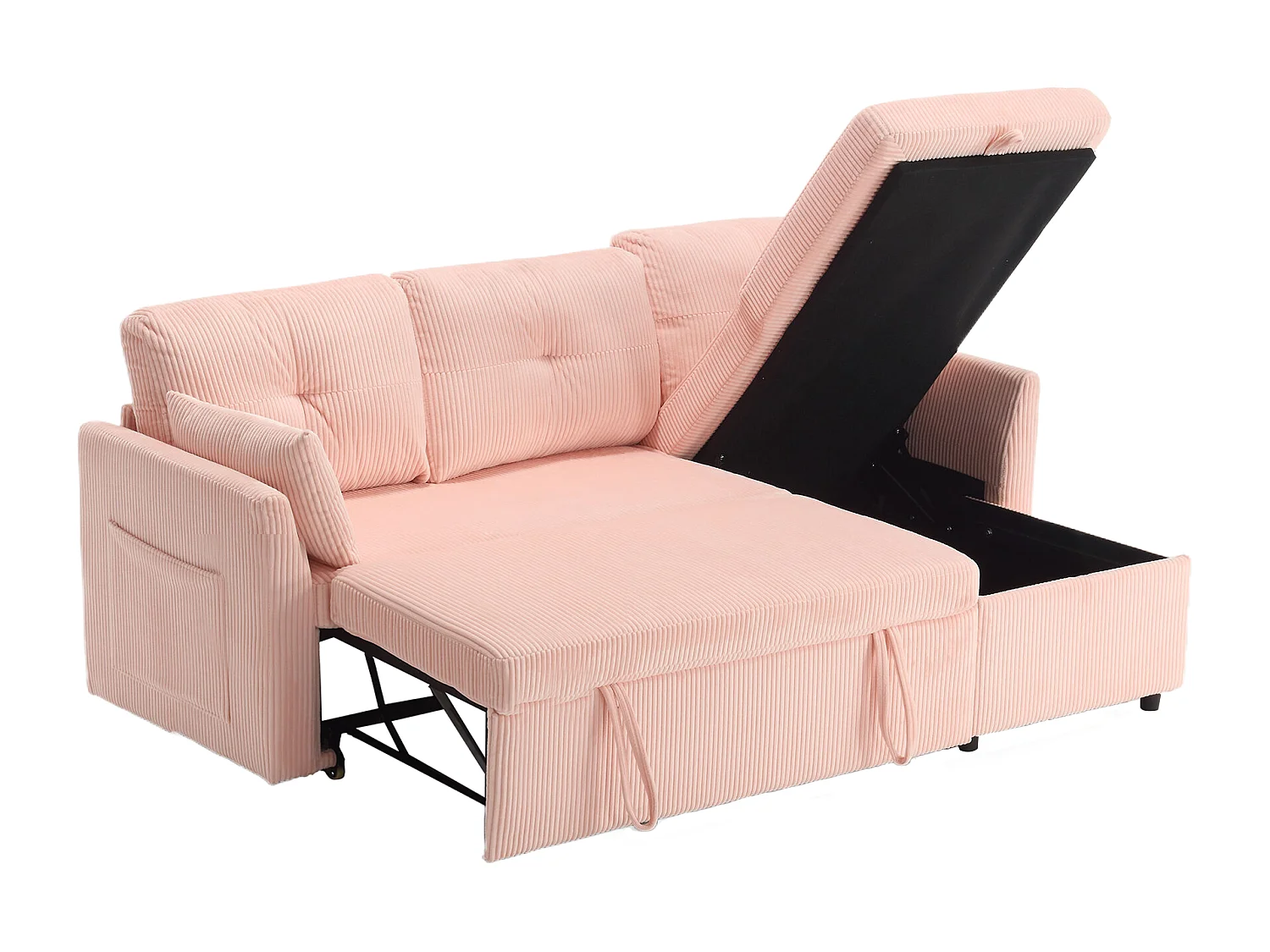 Roze, zachte, omvormbare hoekbank met opbergruimte en uitschuifbare chaise longue - voor woonkamer of studio