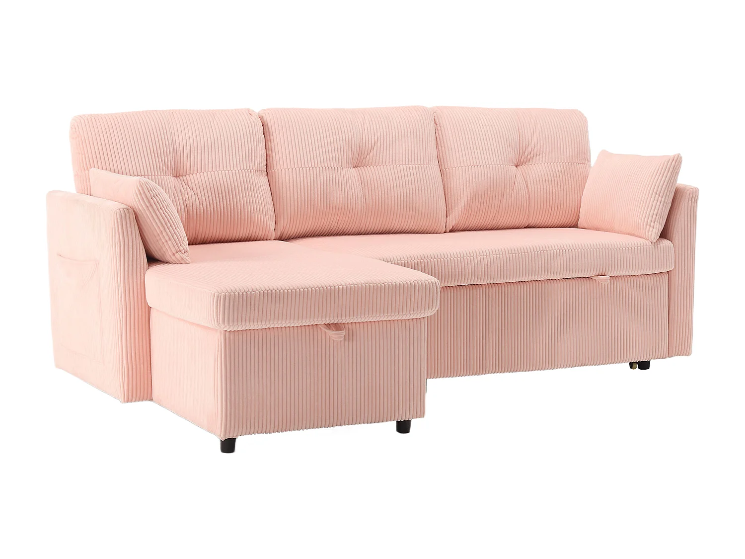 Roze, zachte, omvormbare hoekbank met opbergruimte en uitschuifbare chaise longue - voor woonkamer of studio