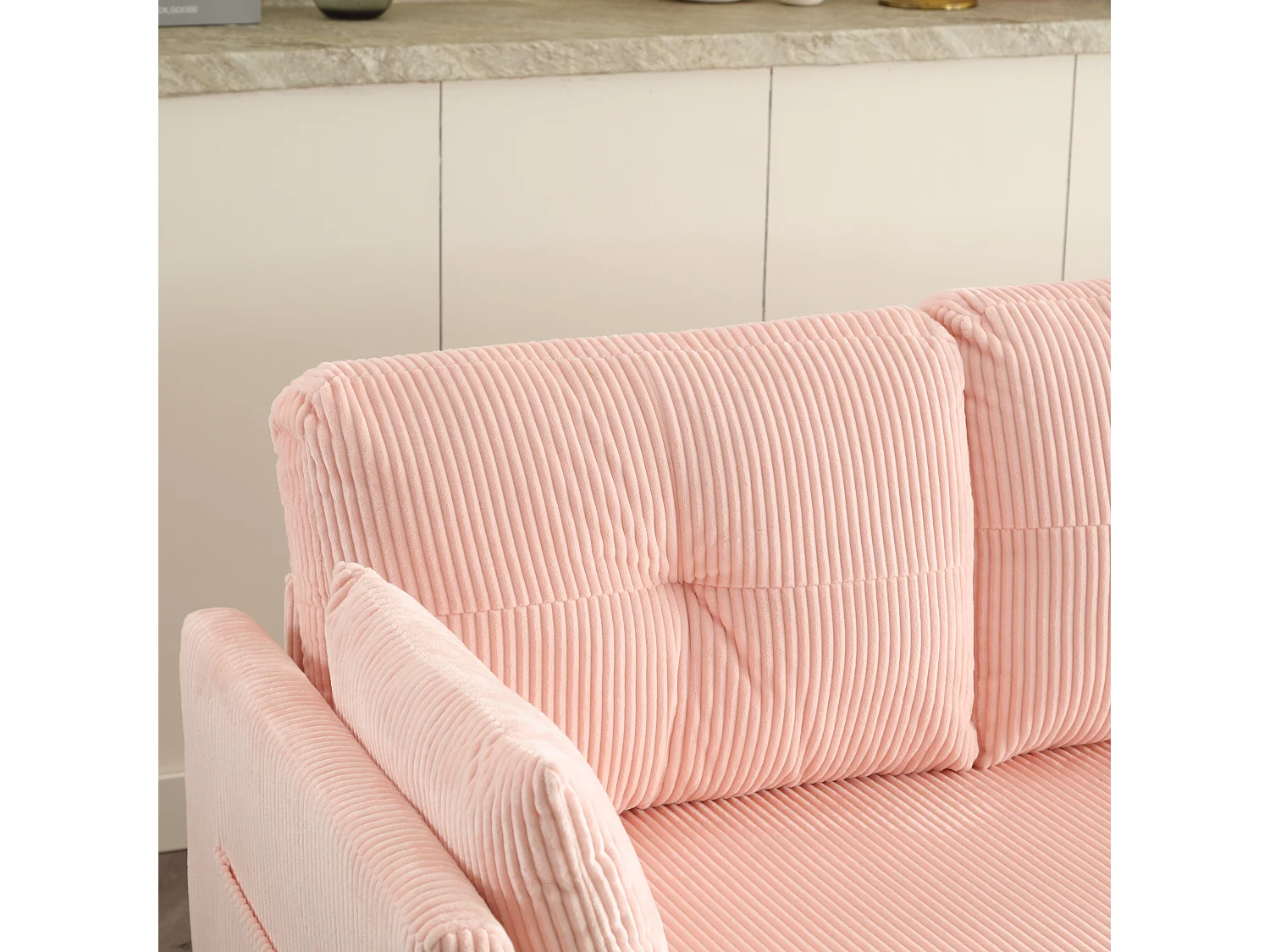 Roze, zachte, omvormbare hoekbank met opbergruimte en uitschuifbare chaise longue - voor woonkamer of studio