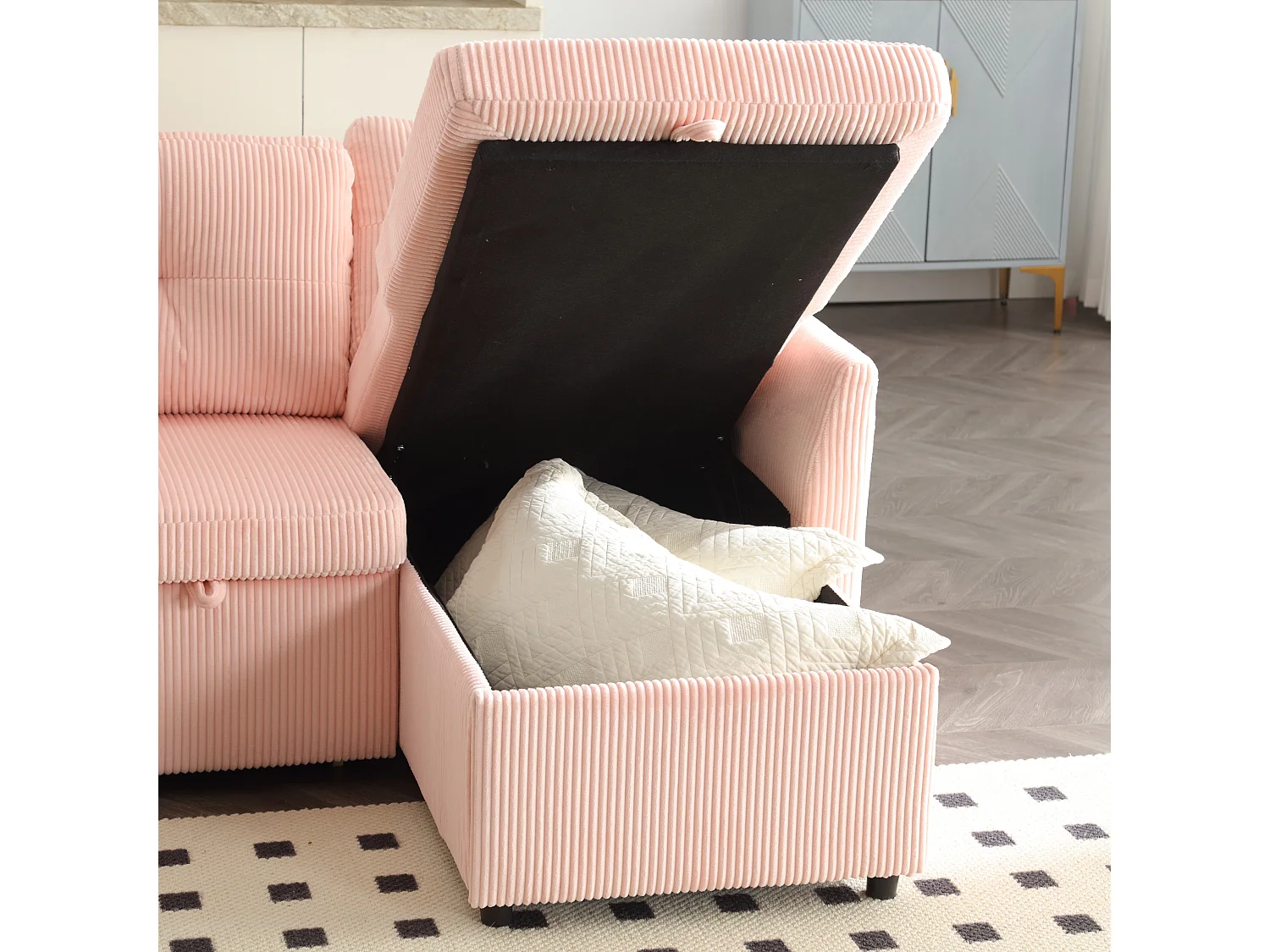 Roze, zachte, omvormbare hoekbank met opbergruimte en uitschuifbare chaise longue - voor woonkamer of studio