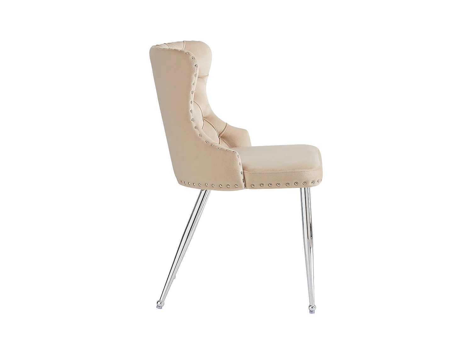 Set van 2 beige fluwelen eetkamerstoelen met gewatteerde rugleuningen en zilveren poten - modern design