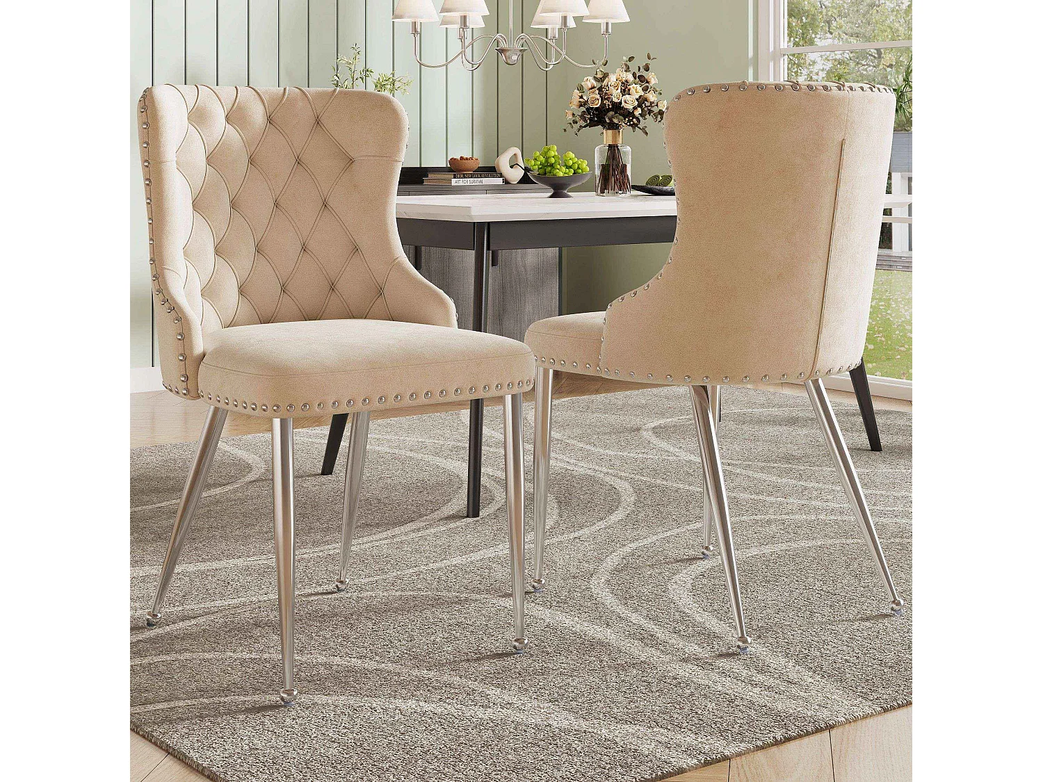 Lot de 2 chaises de salle à manger, velours beige, avec dossier matelassé, pieds argentés - design moderne