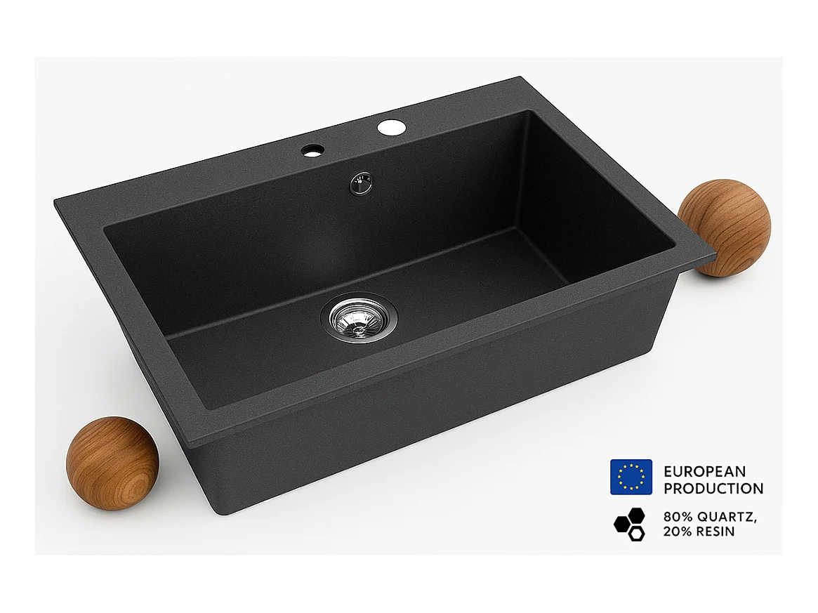 Grand évier ASOIZE NOIR en granit premium - 1 Bac sans égouttoir et vidage inclus