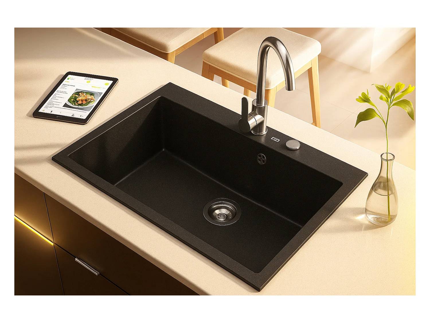 Grand évier ASOIZE NOIR en granit premium - 1 Bac sans égouttoir et vidage inclus