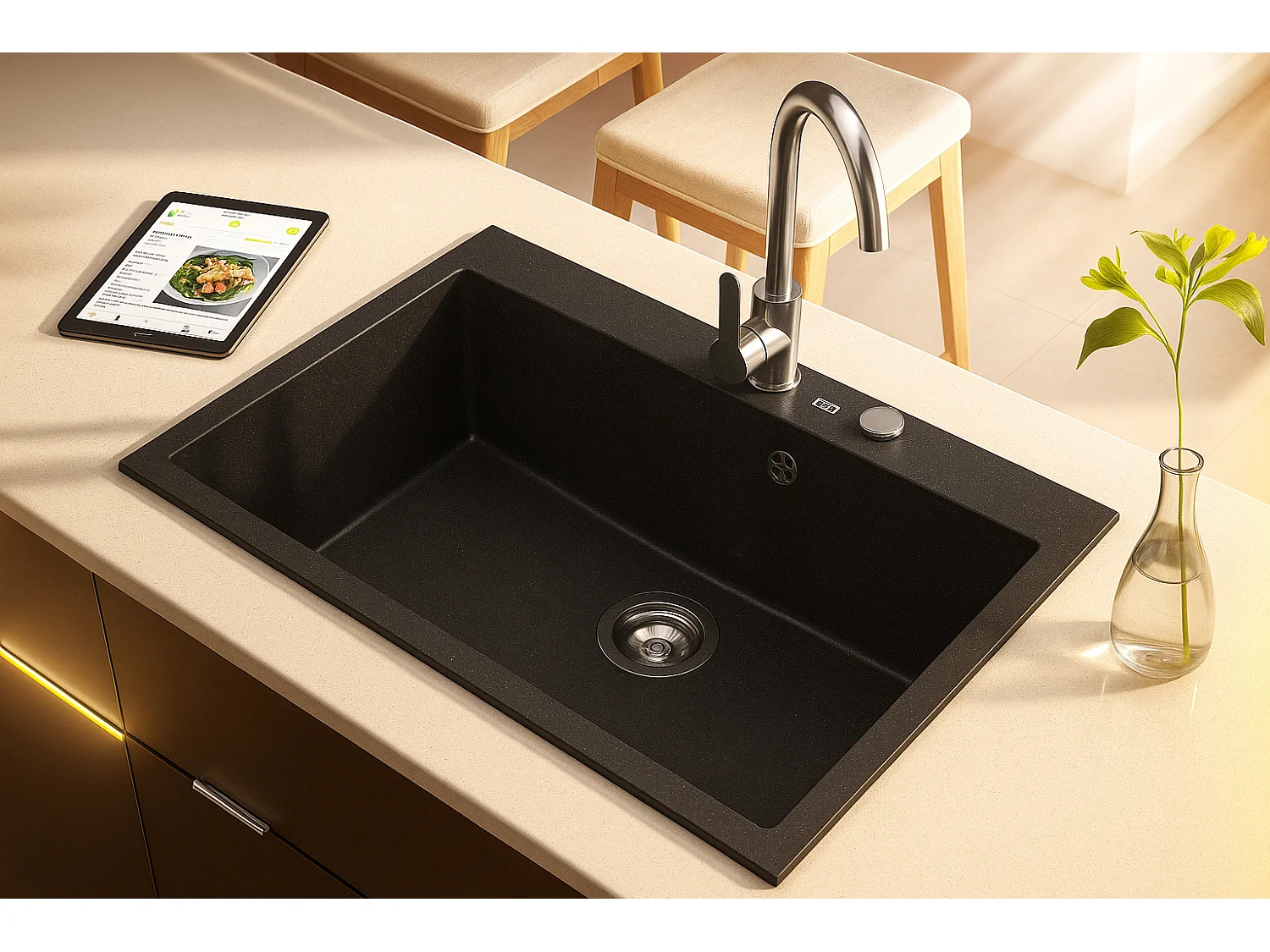 Grand évier ASOIZE NOIR en granit premium - 1 Bac sans égouttoir et vidage inclus