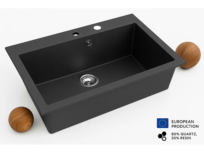 Grand évier ASOIZE NOIR en granit premium - 1 Bac sans égouttoir et vidage inclus