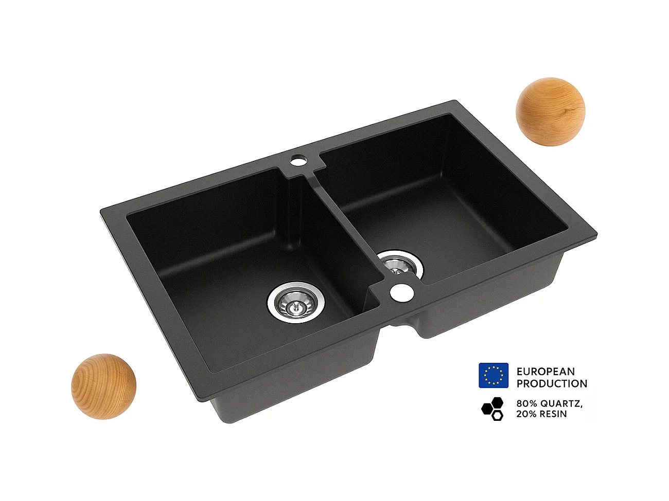 Grand double évier DEUITO NOIR en granit premium - 2 Bacs sans égouttoir et vidage inclus