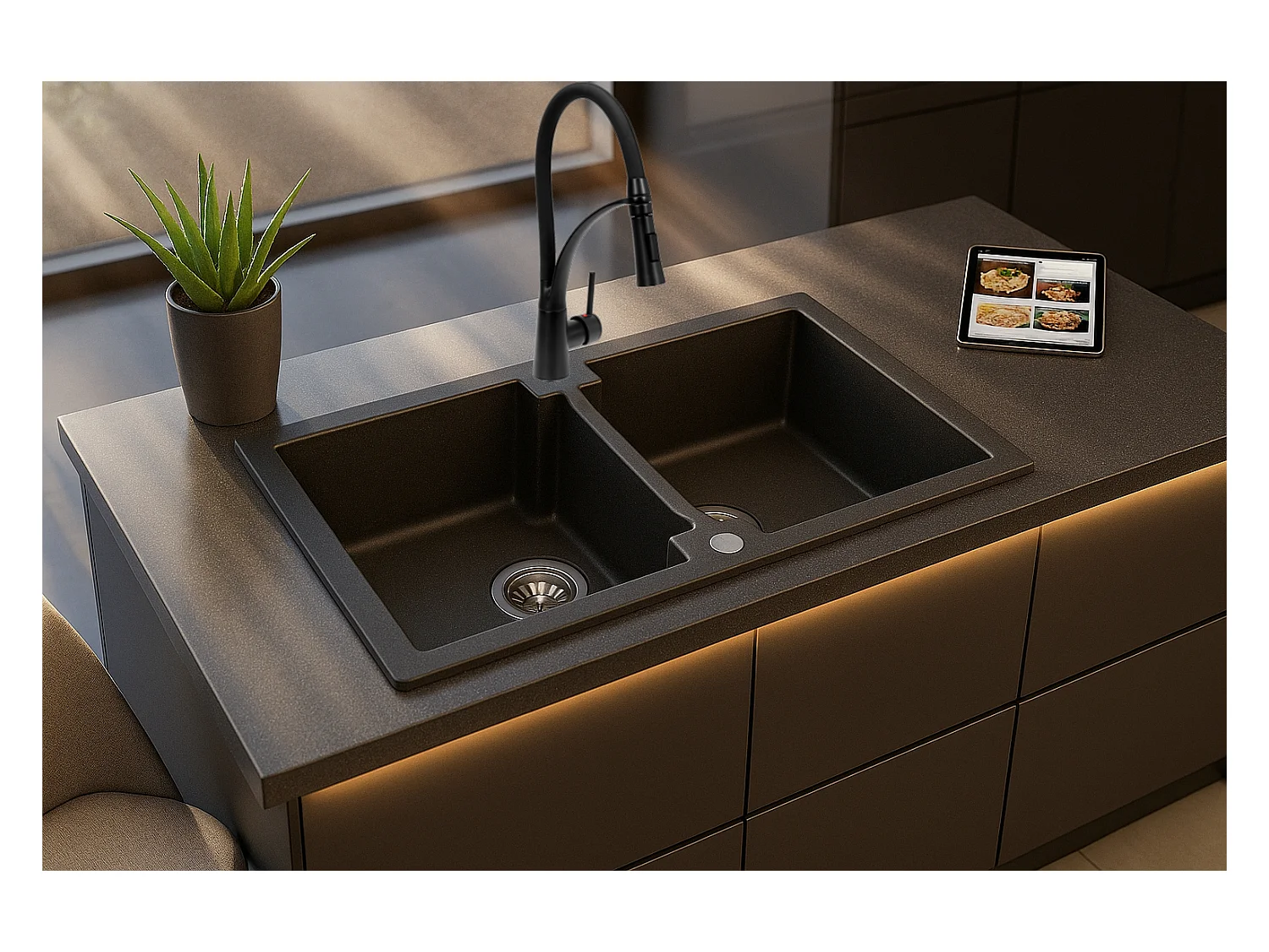 Grand double évier DEUITO NOIR en granit premium - 2 Bacs sans égouttoir et vidage inclus