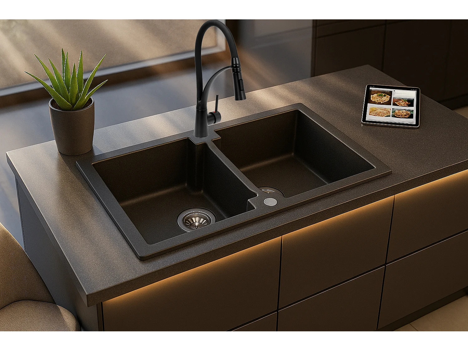 Grand double évier DEUITO NOIR en granit premium - 2 Bacs sans égouttoir et vidage inclus