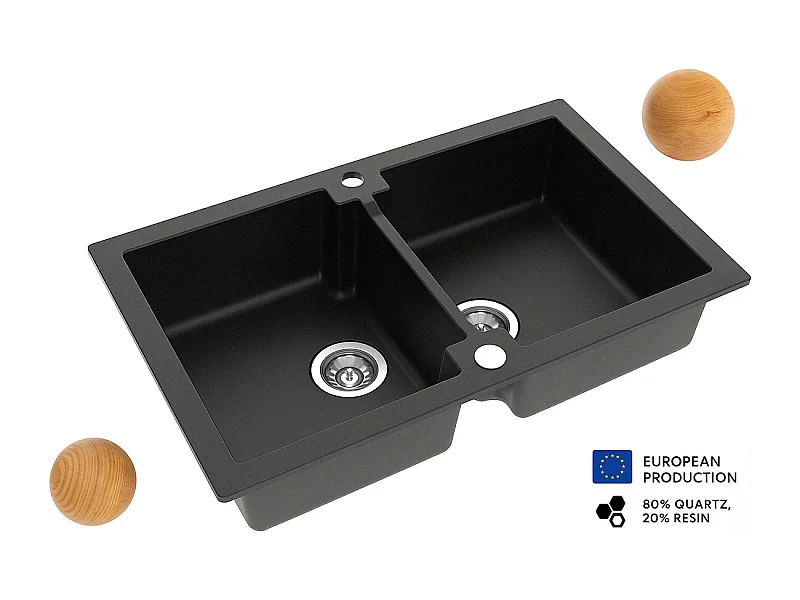 Grand double évier DEUITO NOIR en granit premium - 2 Bacs sans égouttoir et vidage inclus