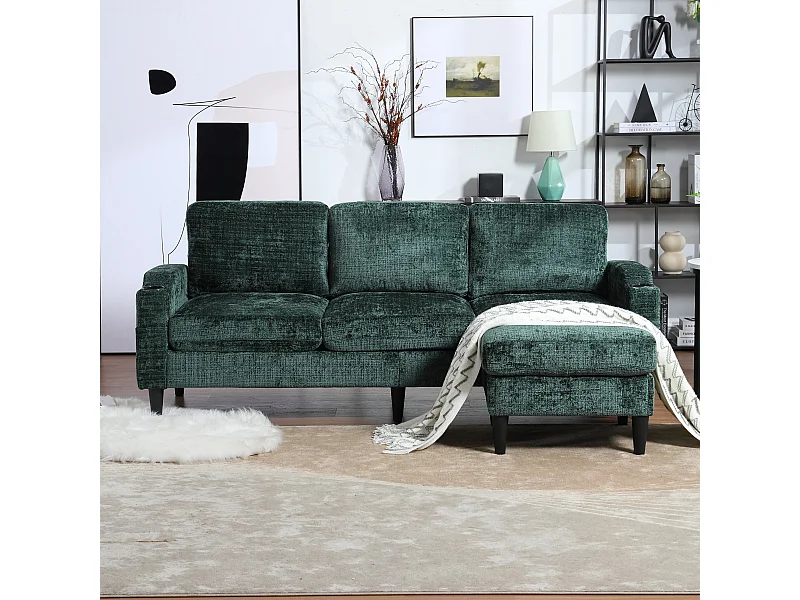 Canapé 4 places modulable, Chenille vert émeraude , avec pouf de rangement, porte-gobelets et poches latérales - pour salon