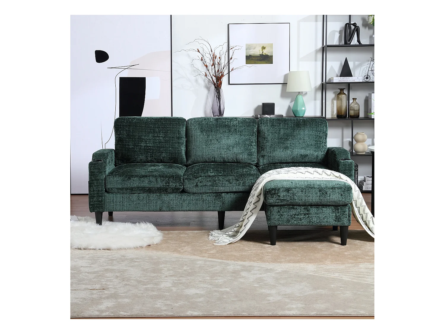 Divano modulare a 4 posti in ciniglia verde smeraldo con pouf contenitore, portabicchieri e tasche laterali - per soggiorno