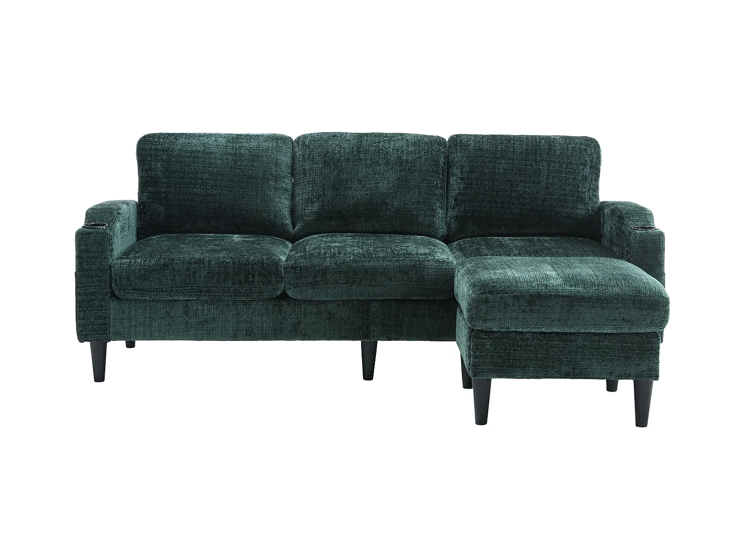 Divano modulare a 4 posti in ciniglia verde smeraldo con pouf contenitore, portabicchieri e tasche laterali - per soggiorno