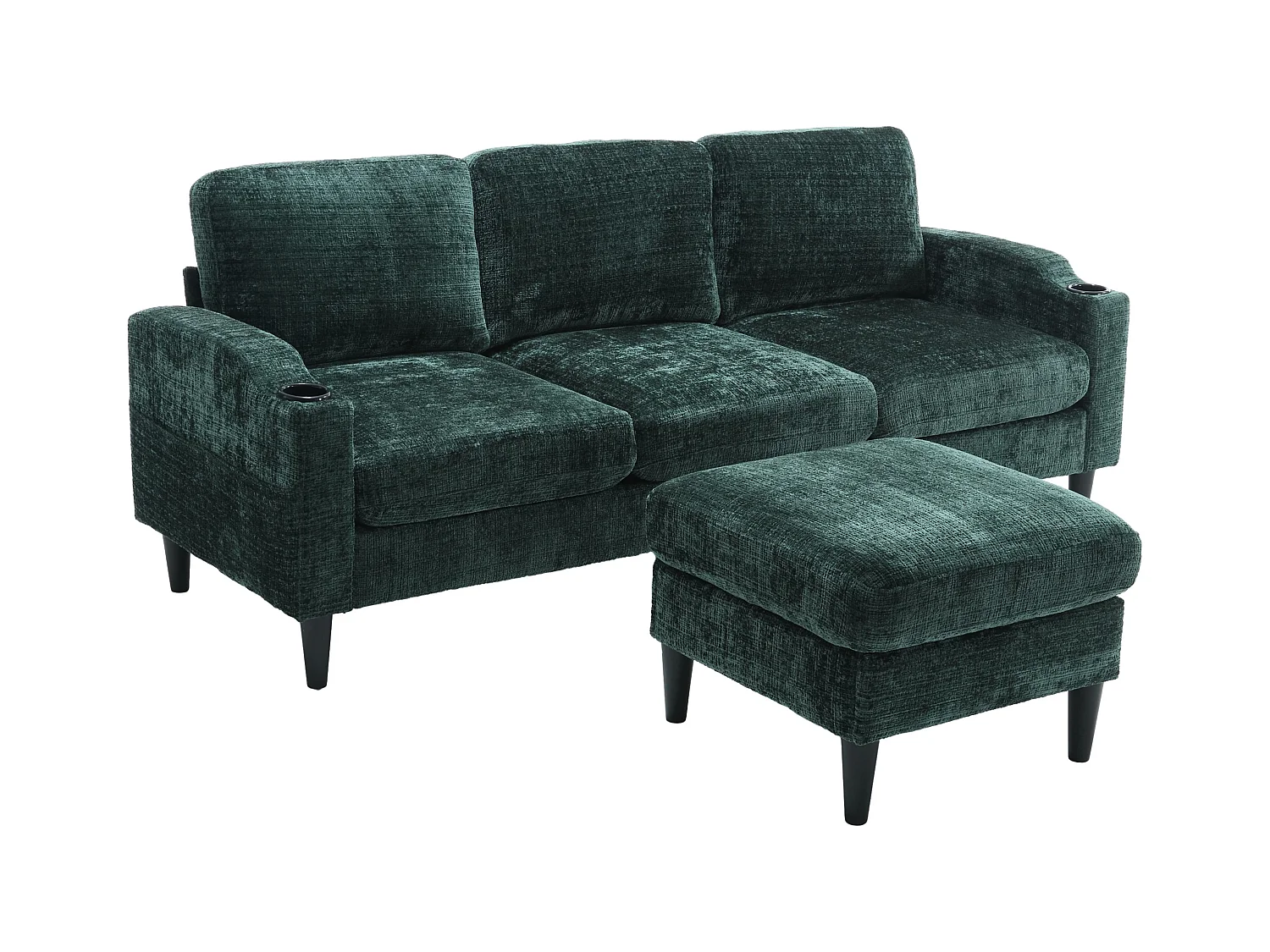 Divano modulare a 4 posti in ciniglia verde smeraldo con pouf contenitore, portabicchieri e tasche laterali - per soggiorno